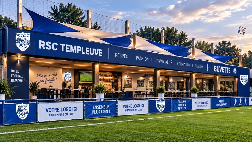 La buvette couverte du RSC Templeuve avec les panneaux partenaires le long du terrain