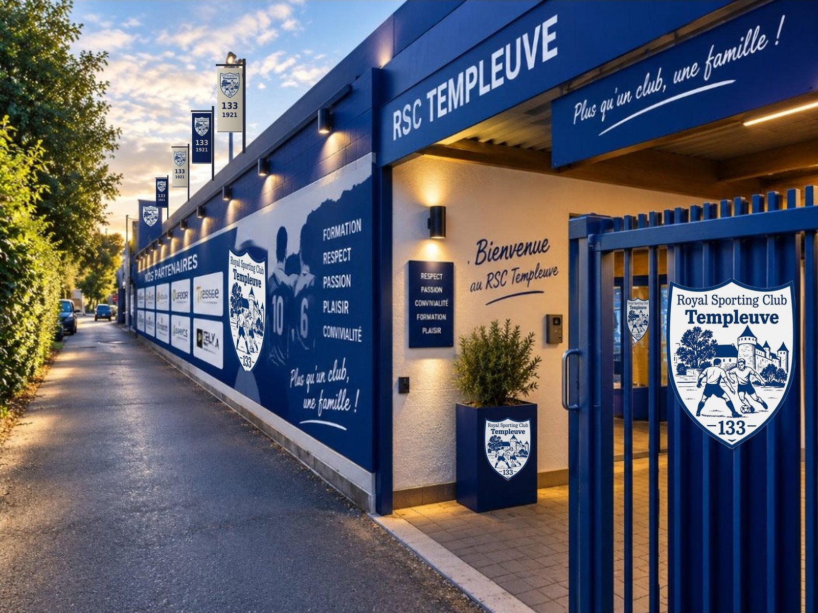 La nouvelle entrée du RSC Templeuve : façade bleue des partenaires, écussons 133 et drapeaux 133 · 1921 sur le toit