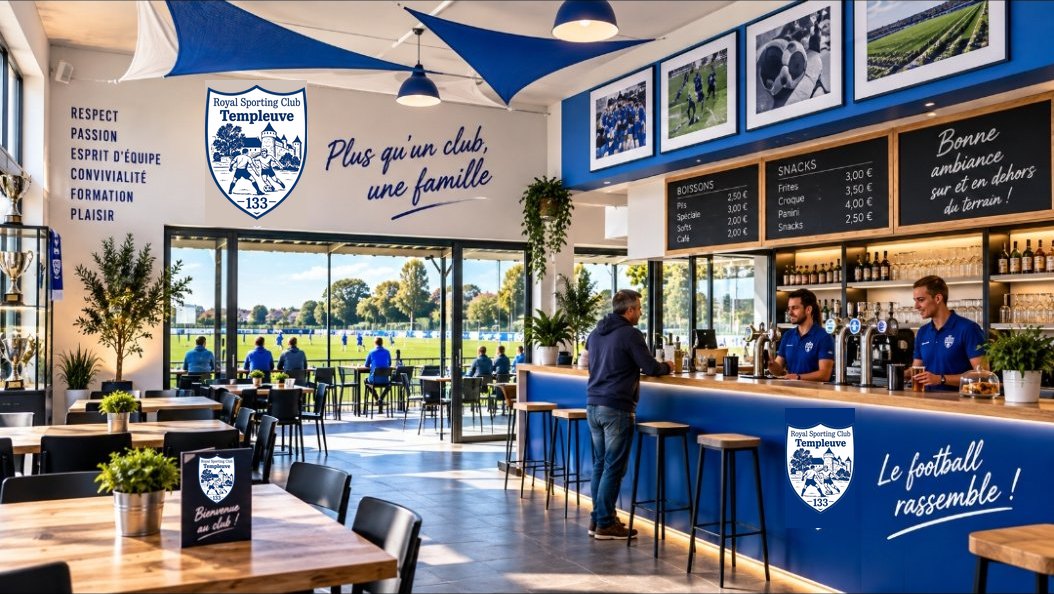 L'intérieur de la buvette, le bar et l'écusson du club au mur